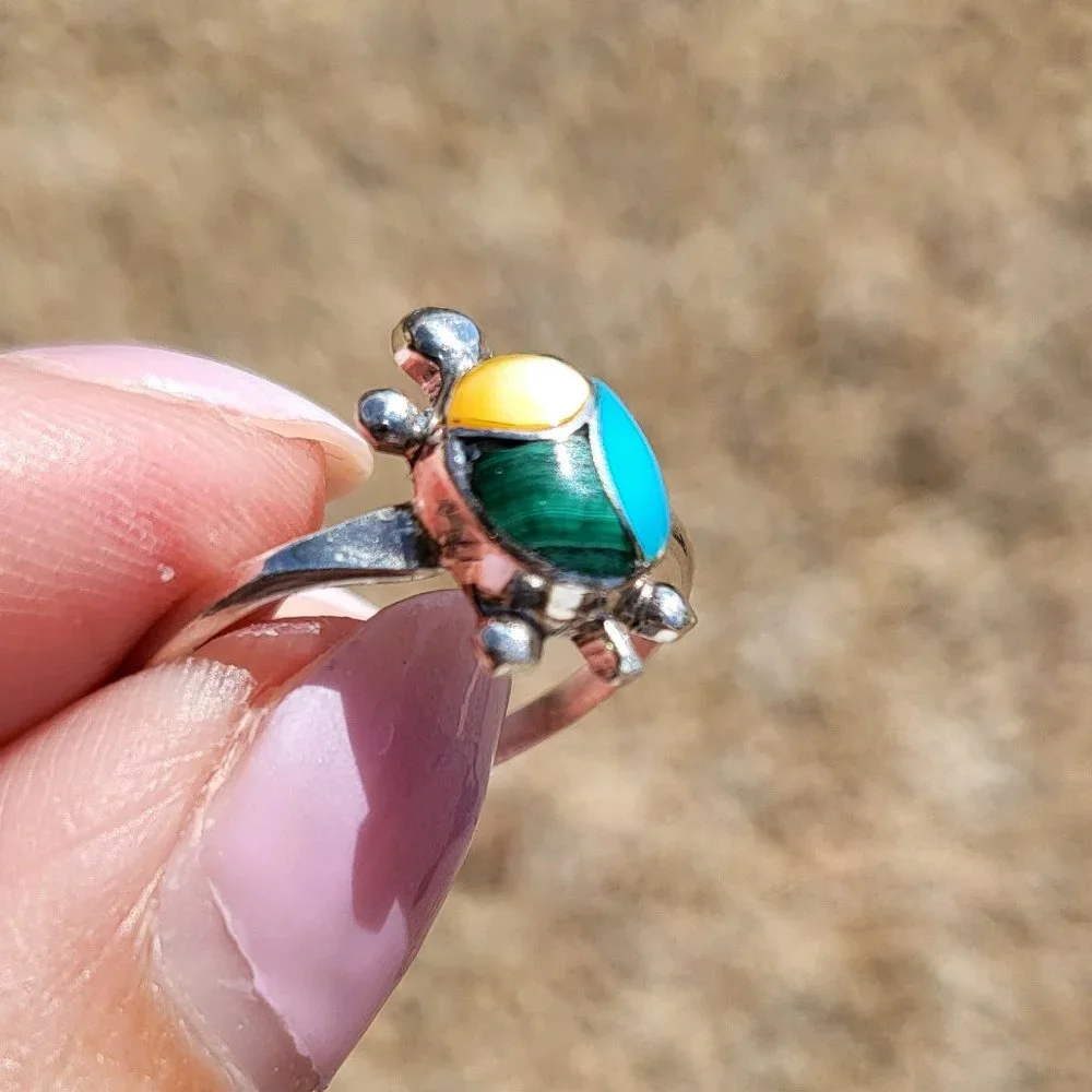 Native American Handmade Mini Turtle Multi Stones Zuni Inlay Ring Turquoise Opal